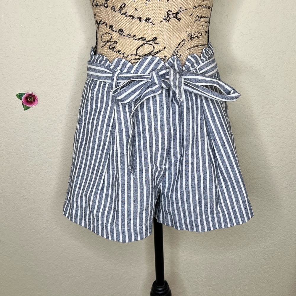 High-Waist Navy & White Striped Paperbag Shorts with Tie Waist